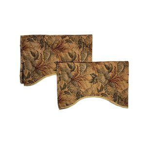 2 Vintage Scalloped Valances Short Curtains Tan Leaves Floral Tapestry Gold Pair